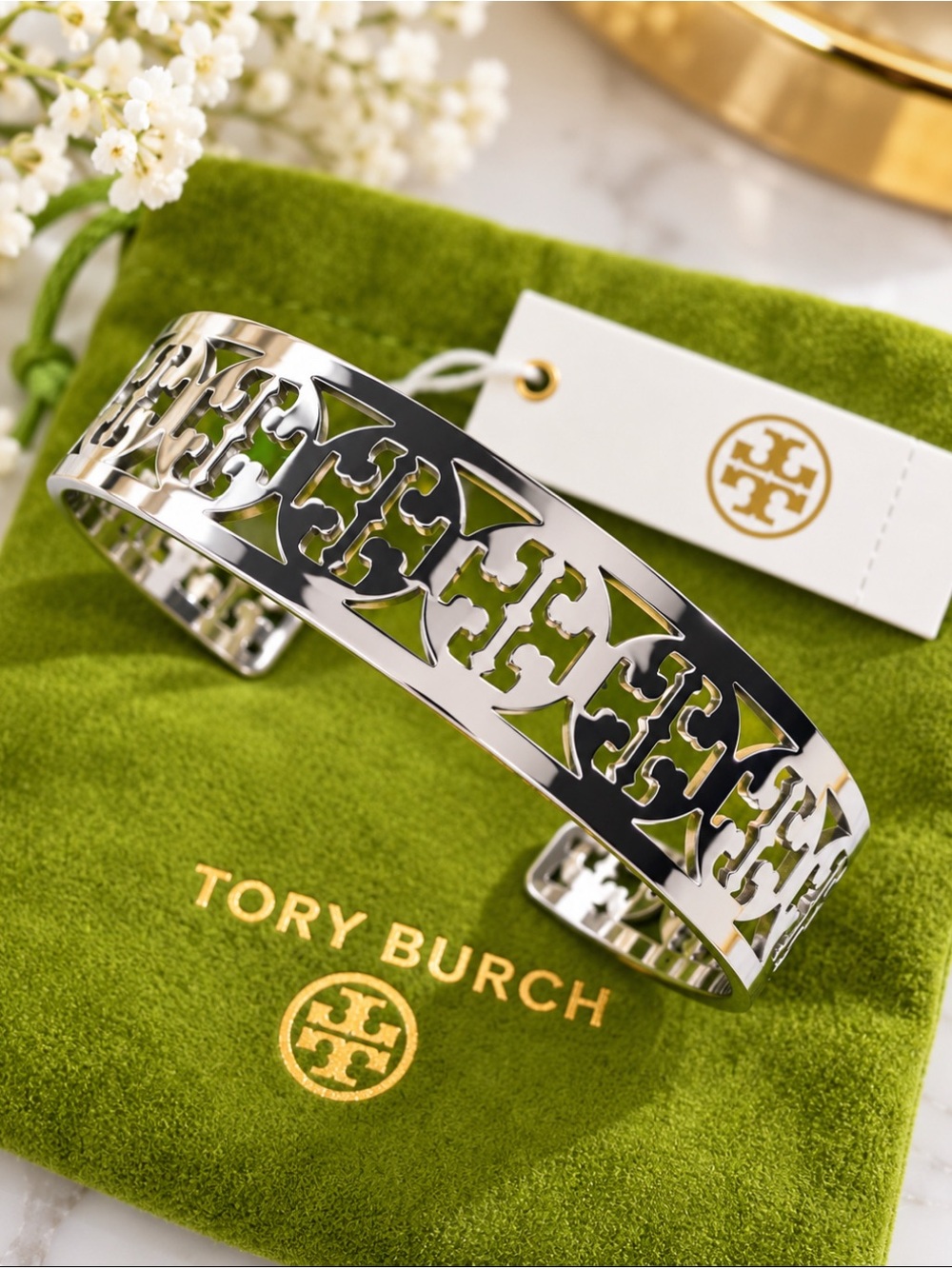 Tory Burch Polished Silver Cutout Logo Cuff Bracelet